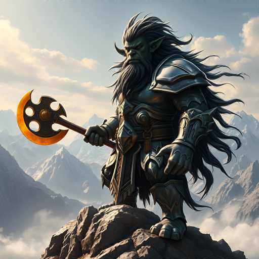 A colossal, green-skinned orc warrior stands proudly atop a jagged rock formation overlooking a vast, mountainous landscape. The orc is clad in intricately detailed, silver and dark metal armor, adorned with ornate patterns and a large, spiked shoulder guard. A long, flowing black beard and wild, dark hair cascade down its shoulders, framing a fierce, determined face. 

The orc grips a massive, golden-orange axe with a distinctive circular head and a thick, dark wooden handle. Its posture is powerful and commanding, suggesting strength and resilience. The background features towering mountains shrouded in a light mist, with a soft, golden sunlight illuminating the scene. The overall atmosphere is one of epic fantasy and formidable power.