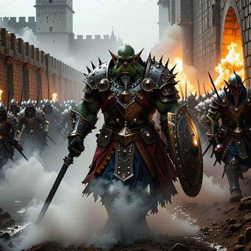 This image depicts a highly detailed, computer-generated scene of a green orc warrior standing in the foreground of a grand castle. The orc is clad in elaborate, spiked armor that covers his shoulders and chest, and he wields a formidable sword in his right hand while holding a large shield in his left. His feet are shod in metal armor, and he sports a distinctive gray goatee. Surrounding the orc are numerous other armored warriors, all seemingly advancing towards the castle. The castle itself is engulfed in flames, with smoke billowing from its walls, adding to the chaotic atmosphere. The ground beneath the warriors is a mix of dirt and scattered water puddles, contributing to the overall sense of turmoil and action in the scene.