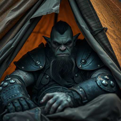 The image depicts a highly detailed, computer-generated character resembling a dwarf or orc from a fantasy setting. The character has a distinctive appearance with a grayish-green complexion, a prominent mohawk, and pointed ears. His face is marked by a long, scraggly beard and a frowning expression. He is clad in intricate black armor, including shoulder plates, wrist guards, and a chest plate, with a belt featuring a spade-shaped buckle. The character is seated inside a tent, which is partially open, revealing a brown and gray plaid pattern on the fabric. The tent's interior is illuminated by a warm, orange light, casting a glow on the character's face and highlighting the details of his armor. The character's hands rest on his knees, adding to his imposing and somewhat menacing presence.