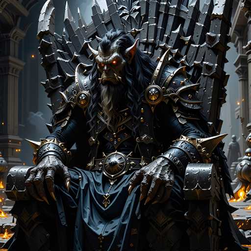 A colossal, monstrous figure sits on an ornate throne in a dimly lit, fantasy-themed setting. The subject is a large, horned creature with glowing red eyes and long, dark hair, clad in elaborate black armor. The throne is equally imposing, constructed from jagged metal and adorned with sharp spikes. A fiery glow emanates from the base of the throne, casting dramatic shadows and highlighting the creature's powerful form. The overall art style is dark fantasy, emphasizing a sense of power and foreboding.