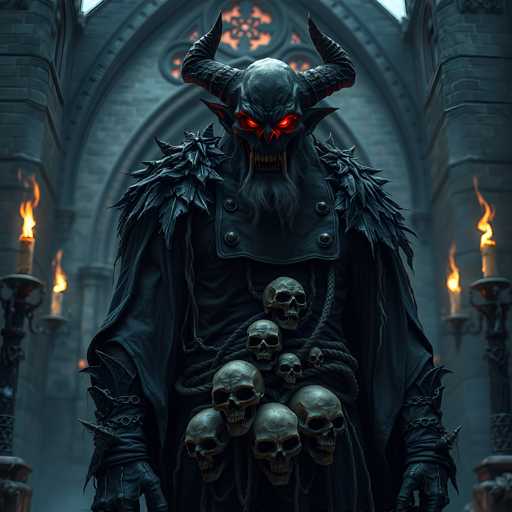 The image depicts a menacing demon-like creature standing in the center of a grand, ancient stone building, possibly a church or cathedral. The creature has a grayish-blue, metallic skin with a bald head and two large, curved black horns protruding from either side of its skull. Its glowing red eyes and sharp, white teeth give it a sinister appearance, while its long, gray beard adds to its eerie presence. The demon is dressed in a black outfit adorned with spikes and feathers on the shoulders, and it wears black leather gloves. A rope-like belt around its waist is decorated with numerous human skulls, some of which are stacked on top of each other. The background features tall, arched windows with stained glass, and the walls are lined with stone columns topped with candelabras holding lit candles, casting a flickering light throughout the scene. The overall atmosphere is dark and foreboding, with the creature's glowing eyes and the fiery candles creating a haunting visual effect.