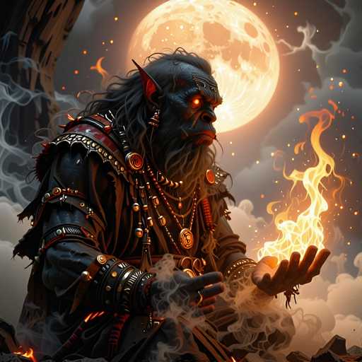 The image depicts a highly detailed, computer-generated illustration of a dark, gargoyle-like creature with a menacing presence. The creature has a grayish-black face with piercing, glowing red eyes and long, black hair that flows down its back. Its ears are pointed and red, adding to its demonic appearance. The creature is adorned with intricate, metallic armor that includes a chest plate, shoulder plates, and various necklaces, some of which feature gold medallions and beads. The creature's right hand is raised, palm up, with flames emanating from it, while its left hand rests on its knee, also engulfed in fire. The background is a dark, cloudy night sky illuminated by a large, glowing yellow moon, which casts an eerie light over the scene. The creature's overall appearance is both terrifying and captivating, with a mix of black, gray, red, and gold hues enhancing its formidable presence.