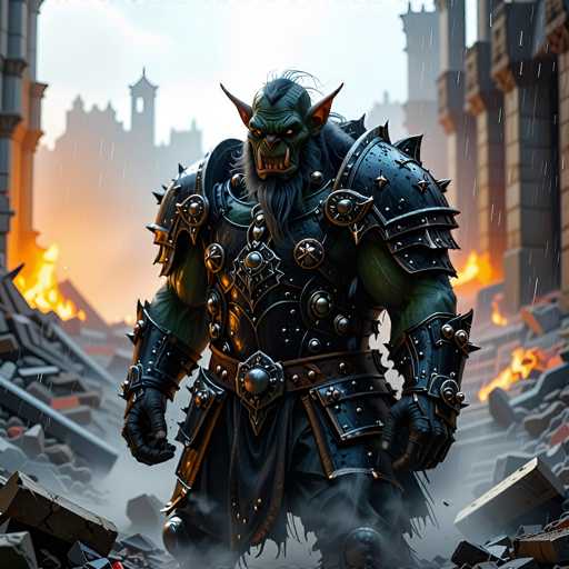 A colossal, green-skinned orc warrior stands amidst the ruins of a fallen city. The orc is clad in heavy, ornate armor, predominantly dark metal with silver accents and intricate detailing. His face is fierce, with sharp teeth and piercing eyes, framed by a long, braided beard. He holds a massive, glowing weapon in his right hand, while his left arm is raised defensively. The background shows a desolate cityscape engulfed in flames and surrounded by debris, with rain falling and smoke filling the air. The overall atmosphere is one of destruction and power, emphasizing the orc's formidable presence in a post-apocalyptic setting.
