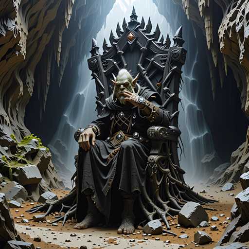 The image depicts a highly detailed, computer-generated scene of a goblin-like creature seated on an elaborate throne within a cavern. The throne, which appears to be crafted from dark gray wood or metal, features intricate designs with spikes and a prominent gold diamond at its center. The creature, with green skin, pointed ears, a gray beard, and a mustache, is dressed in a long black robe adorned with various symbols and a brown belt. His right hand rests on his knee while his left hand is raised to his face, as if he is deep in thought. The cave's walls are a mix of brown and gray hues, with jagged rocks and stalactites hanging from the ceiling. The floor is a blend of brown and gray, littered with large stones and boulders. In the background, a light source illuminates the scene, highlighting the creature's intense expression and the overall dark, mystical atmosphere of the cavern.
