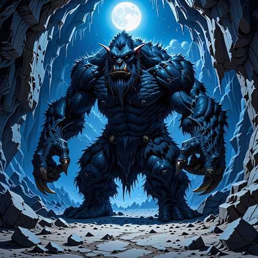 The image depicts a menacing, blue-skinned creature with a muscular build, standing in a cavernous setting. The creature has a fierce expression, characterized by a beard, a mustache, and large, protruding fangs. Its eyes are slanted downward, giving it a sinister look. The creature's arms are long and muscular, ending in sharp, claw-like fingers. It wears a loincloth, and its legs are equally muscular, with three toes on each foot. The cave is illuminated by a full moon, casting a bluish light that enhances the creature's intimidating presence. The background features jagged rocks and distant mountains, adding to the eerie atmosphere. The overall color palette is dominated by shades of blue, gray, and black, contributing to the dark and foreboding mood of the scene.