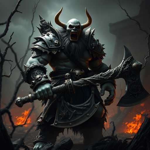 A colossal, monstrous figure dominates the frame in a dark fantasy illustration. The creature is a hulking humanoid with a muscular, greenish-grey body and a grotesque, skull-like face. Its eyes are wide and glowing red, set in a gaping maw filled with sharp teeth. Two large, curved horns protrude from its forehead, and a thick, dark beard and mane cascade down its chest. 

The monster is clad in heavy, ornate armor made of dark metal, adorned with skulls and intricate designs. A massive, jagged axe is held in its right hand, while a large, spiked shield is slung across its left shoulder. The creature's posture is powerful and menacing, with its arms raised as if ready to strike. 

The background is a chaotic scene of destruction, with burning embers and dark, twisted trees filling the space. The overall color palette is muted, dominated by deep greys and blacks, with splashes of fiery orange from the flames. The lighting is dramatic, casting deep shadows that emphasize the monster's imposing size and menacing presence. 

The style of the illustration is highly detailed, with a focus on texture and depth. The artist has skillfully captured the raw power and ferocity of this mythical creature, creating a truly epic and terrifying image.