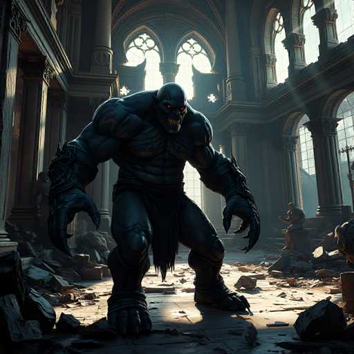 A colossal, monstrous figure dominates a ruined, ancient hall. The creature is humanoid in form but massively built, with thick, dark skin and glowing red eyes. Its limbs are enormous, ending in sharp claws that grip the cracked stone floor. A tattered cloth drapes around its waist, and a grotesque, toothy grin stretches across its face. The hall itself is in disrepair, with shattered pillars and debris scattered everywhere, illuminated by shafts of sunlight streaming through broken stained-glass windows. The overall atmosphere is one of decay, destruction, and a sense of immense power.