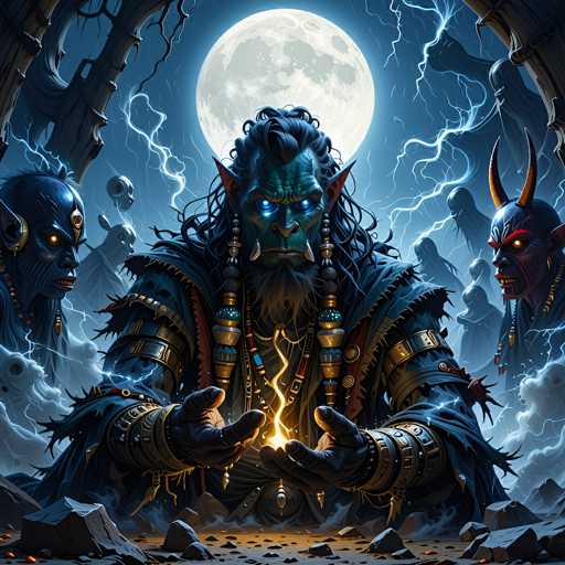 The image depicts a dark, fantastical scene centered around a green-skinned, blue-eyed demon with long, wavy black hair and pointed ears. The demon, adorned in a tattered blue and gold cloak with metal armor on its shoulders and wrists, is kneeling with its hands outstretched, palms up, as a bright yellow lightning bolt connects between them. The creature's glowing blue eyes and the luminous light emanating from its hands add to the mystical atmosphere. Surrounding the demon are several other demonic figures, including a blue-skinned one with a gold emblem on its forehead and another with red horns and glowing yellow eyes. The background features a full moon casting a blue glow, lightning bolts streaking through the sky, and a landscape littered with rocks and boulders. The scene is enveloped in a smoky haze, enhancing the eerie and otherworldly ambiance.