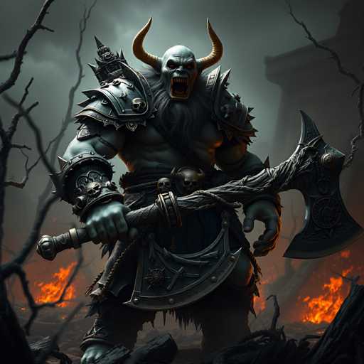 A male monster with horns and a beard is holding an axe and standing on a pile of rubble surrounded by burning trees and buildings.