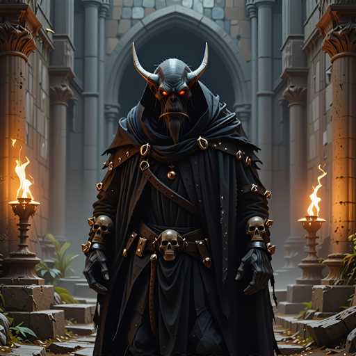 The image depicts a menacing demon-like figure standing in the center of a grand, ancient stone building. The creature has a gray, horned head with glowing red eyes and a long, pointed goatee. Its mouth is open, revealing sharp teeth, and it wears a black hooded cloak adorned with gold accents and spikes. The demon's attire includes a black shirt, a brown belt with a skull buckle, and black gloves. Its arms are outstretched, with hands positioned as if ready to attack. The building features large stone columns on either side, some of which are broken, and a grand archway in the background. Two tall, flaming torches on stone pedestals flank the figure, casting an eerie light. The floor is made of stone, with steps leading up to the demon, and green plants are visible in the background, adding to the ancient and mystical atmosphere of the scene.