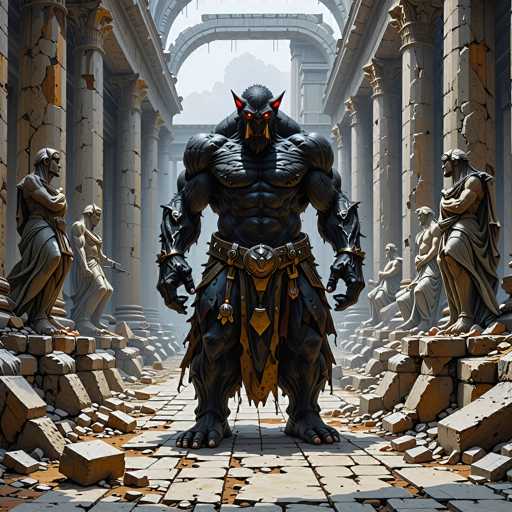 A colossal, dark, muscular creature with red horns and glowing eyes stands in the center of a ruined ancient temple. The creature is clad in dark, ornate armor and appears to be made of stone or a similar heavy material. The temple is in ruins, with broken columns and shattered stone scattered on the ground. In the background, more statues of figures in classical attire are visible amidst the rubble. The overall scene is one of decay and ancient grandeur, with a sense of power and mystery emanating from the central figure. The lighting is dramatic, casting shadows that emphasize the creature's imposing form and the desolate environment.