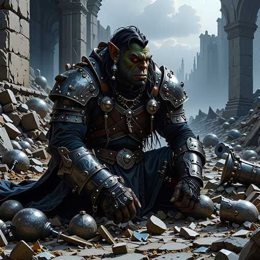 The image depicts a highly detailed, computer-generated scene of a green-skinned orc sitting amidst the ruins of an ancient city. The orc, with long black hair, red glowing eyes, and a prominent nose, is clad in intricate silver armor that covers his shoulders, elbows, wrists, and forearms. He wears a black cape and a brown leather vest adorned with a large silver button. His hands rest on his knees, and he gazes downward to the right. Surrounding him are scattered silver orbs with spikes, broken stone pillars, and debris from the surrounding buildings. In the background, a distant castle looms under a sky filled with gray clouds, adding to the desolate atmosphere of the scene.