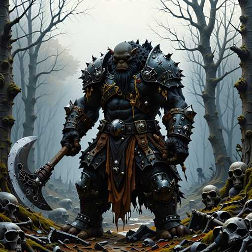 The image depicts a medieval-style character standing in a forested area with trees and skulls scattered around them. The character is wearing a full suit of armor and holding an axe, suggesting that they may be a warrior or knight from a bygone era.