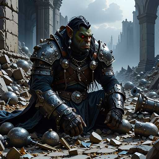 A green-skinned man with red eyes is kneeling on a rocky terrain, wearing a black leather armor and holding a sword. The background features ruins and rubble, suggesting an abandoned or destroyed area.