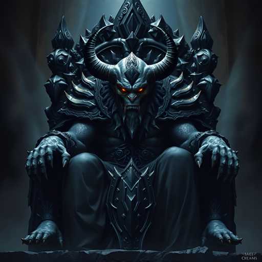 The image depicts a dark and ominous scene featuring a large, menacing figure seated on a throne-like structure with a pointed top. The figure is adorned with a long beard and horns, giving it an imposing appearance. The background of the image is shrouded in darkness, further emphasizing the ominous atmosphere. There are no discernible texts or other objects present in the image.
