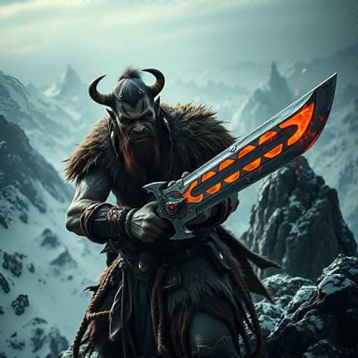The image depicts a highly detailed, computer-generated Viking warrior standing on a rocky outcrop in a snowy mountainous landscape. The Viking is adorned with a fur cape and a helmet featuring two prominent horns, with additional smaller horns protruding from the sides of his head. His face is marked by a long, flowing beard and mustache, and he has distinctive black war paint on his cheeks. He is dressed in a fur skirt and a belt, with rope-like straps hanging from his waist. The Viking's right arm is adorned with a leather wristband, and he wields a massive sword with a silver blade that glows orange from the bottom to the middle, giving it a fiery appearance. The background reveals a vast expanse of snow-covered mountains under a gray, overcast sky, adding to the cold and rugged atmosphere of the scene.