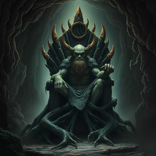 The image depicts a green-skinned, bearded man seated on a throne with gold accents and horns, surrounded by dark cave-like structures. The man is holding a sword in his right hand while wearing a robe that covers most of his body except for the head.