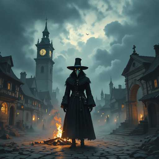 In this eerie, AI-generated image, a mysterious figure stands at the center of a cobblestone street, shrouded in a long black coat and a wide-brimmed hat. The figure's face is obscured by a white mask resembling a bird beak, with glowing yellow eyes that pierce through the darkness. Surrounding the figure is a scene of gothic architecture, with buildings on either side of the street. To the left, a clock tower with a cross at its peak looms ominously, while to the right, a building with an archway and a cross-topped roof adds to the macabre atmosphere. The sky above is filled with dark, brooding clouds, broken only by a single bird in flight. A small fire burns at the figure's feet, casting flickering shadows that enhance the unsettling mood of the scene.