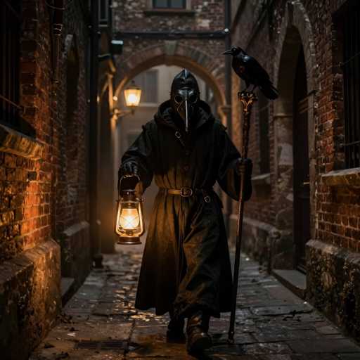 In this eerie, AI-generated image, a mysterious figure stands in the middle of a dimly lit, old-fashioned alleyway. The scene is dominated by a brick building with an arched doorway and a lantern hanging from the wall, casting a faint glow. The ground is made of stone, adding to the aged atmosphere. The central figure is dressed in a long, black robe and a belt, with black gloves and boots. He wears a distinctive helmet with a long, beak-like nose and large, round eye holes, reminiscent of plague doctor attire. In his right hand, he holds a lit lantern, while his left hand grasps a staff topped with a black crow. The crow, with its glossy feathers, appears to be perched on the staff, adding to the unsettling ambiance. The overall scene is shrouded in darkness, with only the lantern and a distant street lamp providing minimal illumination, enhancing the sense of mystery and foreboding.