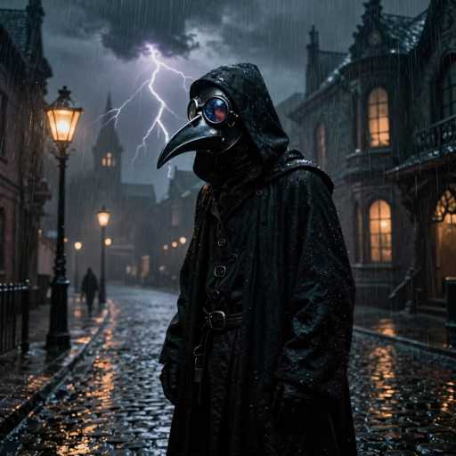In this detailed and atmospheric image, a mysterious figure stands prominently in the foreground of a cobblestone street, evoking the essence of a scene from a video game or a movie. The figure is dressed entirely in black, including a long black coat, gloves, and a hood, with a belt cinched around the waist. The most striking feature is the bird-like mask with a long, curved beak and round goggles that reflect a blue and red hue. The background reveals a dark, stormy night with rain pouring down and a dramatic lightning bolt illuminating the sky. The cobblestone street is flanked by buildings on both sides, some with lit windows, and a street lamp on the left. In the distance, a person can be seen walking away, adding to the sense of depth and intrigue in the scene.