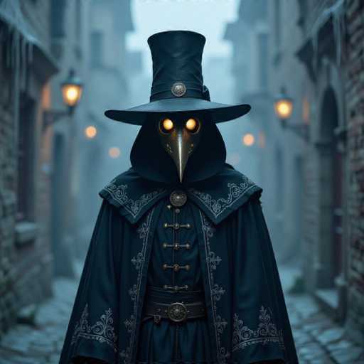 The image depicts a character reminiscent of the Plague Doctor from the video game "Assassin's Creed." The character is adorned in a dark blue or black cloak with intricate white embroidery along the edges, featuring a large collar and a buttoned-up front. A black belt with a prominent buckle cinches the waist. The character's head is covered by a tall, cylindrical hat with a wide brim, and a beak-shaped mask with glowing yellow eyes peeks out from beneath it. The scene is set in a cobblestone alleyway, flanked by old buildings with archways and illuminated by lanterns, creating a dark and eerie atmosphere. The background is slightly blurred, emphasizing the character's detailed and mysterious appearance.