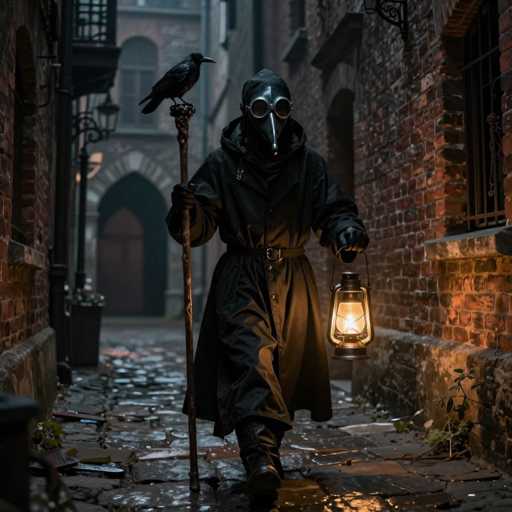 In this evocative image, a mysterious figure clad in a long black trench coat and a distinctive plague doctor mask strides down a cobblestone street. The mask, complete with a long beak and round goggles, adds an eerie, historical touch to the scene. The figure's attire is completed by black gloves, a black belt, and black boots, enhancing the overall dark and enigmatic appearance.

In his right hand, the figure holds a tall staff adorned with a raven perched at the top, while his left hand grasps a lantern emitting a warm yellow glow. The street beneath him is wet, reflecting the soft light from the lantern and adding a shimmering effect to the cobblestones.

The setting appears to be a historic alleyway, with brick buildings lining both sides. On the right, a brick wall features a window with a metal grate, and on the left, another brick building has a balcony with a black railing. The background reveals a large, arched doorway with a wooden door, adding to the old-world charm of the scene. The combination of the figure's attire, the atmospheric lighting, and the detailed surroundings creates a hauntingly beautiful and mysterious ambiance.