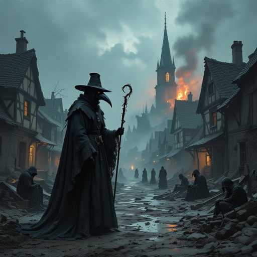 The image depicts a dark, eerie scene reminiscent of the Plague years. At the center stands a mysterious figure dressed in a long, black robe and a pointed hat, resembling a plague doctor. The figure's face is obscured by a beak-like mask, adding to the unsettling atmosphere. In his right hand, he holds a staff with a hook at the top, further enhancing his ominous presence.

Surrounding the central figure are several people, all dressed in black and hunched over, their faces hidden in shadows. They appear to be sitting on debris, suggesting a sense of despair or exhaustion. The ground beneath them is littered with rubble, and puddles of water reflect the dim light, adding to the gloomy ambiance.

In the background, a grand castle looms, its steeple and spires silhouetted against a dark, cloudy sky. The castle is engulfed in flames, with orange and yellow fire visible through the windows and spilling out from the roof. Thick smoke billows from the burning structure, creating a stark contrast against the night sky.

The entire scene is shrouded in darkness, with only a few scattered lights providing minimal illumination. The overall effect is one of desolation, fear, and impending doom, capturing the essence of a time of great plague and chaos.