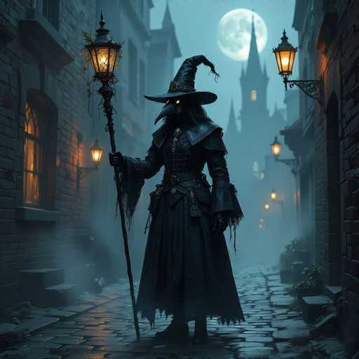 In this eerie, computer-generated image, a witch-like figure stands ominously in the middle of a cobblestone street at night. The scene is shrouded in fog, adding to the spooky atmosphere. The witch, dressed entirely in black, wears a long, tattered dress with frayed edges and a pointed witch's hat. Her face is obscured by a mask resembling a bird's beak, with glowing yellow eyes that pierce through the darkness. In her right hand, she holds a tall staff topped with a lantern, which casts a dim light on the ground. The street is flanked by brick buildings, some with lit windows and others adorned with hanging lanterns. In the background, a tall, castle-like structure with a pointed spire looms under a full moon, completing the haunting tableau.