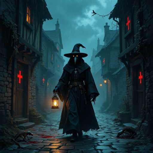 The image depicts a dark, eerie scene set in a medieval town at night. A central figure, resembling a witch or plague doctor, walks down a cobblestone street. This character is dressed in a long, black robe with a pointed hat and a bird-like beak mask, and their eyes glow orange. They carry a lantern in their right hand, illuminating the path ahead. The street is flanked by tall, old buildings with stone facades and wooden doors, each adorned with a red cross above the entrance. The buildings are dimly lit, with some windows glowing orange, adding to the spooky atmosphere. On either side of the street, skeleton-like creatures with long tails and pointy heads prowl near the walls, leaving trails of blood behind them. The sky above is cloudy, with a hint of moonlight peeking through, and a bird can be seen flying in the distance. The overall scene is shrouded in fog, enhancing the sense of mystery and foreboding.