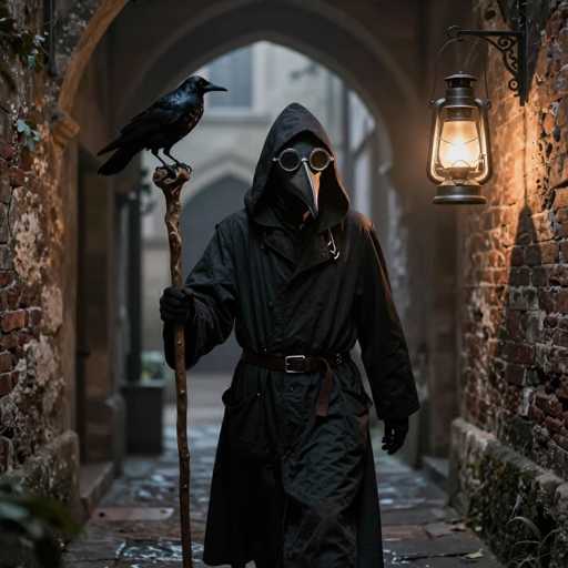 The image depicts a mysterious figure dressed in a long black robe with a hood, standing in a narrow, old-fashioned brick alleyway. The person's face is obscured by a long, beak-like mask, reminiscent of a plague doctor's attire, and they wear round goggles with black lenses. Their right hand, clad in a black glove, holds a wooden staff topped with a black crow. A brown belt with a silver buckle cinches the robe at the waist. The alleyway features a lantern hanging on the right wall, casting a dim light that illuminates the scene. The ground appears to be made of stone or concrete, and the brick walls are adorned with patches of moss and vines. In the background, a large archway leads to a building with windows, adding to the eerie atmosphere of the image.