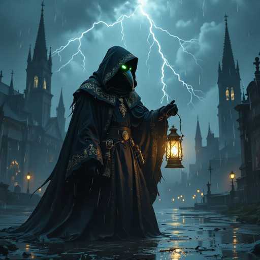 In this captivating image, a mysterious figure stands prominently in the foreground, shrouded in a long, dark cloak that extends to the ground. The cloak features intricate gold detailing along the bottom and around the hood, which is pulled up over the figure's head. The figure's face is obscured by a striking bird-like mask, with glowing green eyes that pierce through the darkness. In their left hand, they hold a lantern emitting a warm yellow light, casting an eerie glow on the wet, reflective ground below.

The backdrop is a dramatic scene of a stormy night, with dark, ominous clouds dominating the sky. A vivid lightning bolt streaks down from the top center of the image, illuminating the turbulent atmosphere. Flanking the scene on both sides are tall, shadowy buildings with pointed roofs, reminiscent of church steeples, adding to the gothic ambiance. The wet streets below mirror the chaotic energy of the storm, completing this haunting and atmospheric tableau.