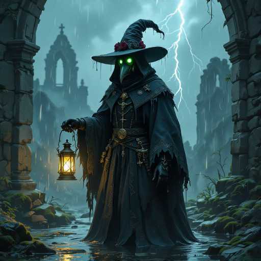 The image depicts a dark, eerie scene reminiscent of a video game or a digital artwork. At the center stands a mysterious figure dressed in a long, tattered black cloak and a pointed witch's hat adorned with roses. The figure's face is obscured by a bird-like beak mask, and its eyes glow with an eerie green light. The figure's hands are clad in black gloves, and it holds a lantern emitting a yellow light in its right hand. The ground beneath the figure is wet, reflecting the rain that falls from the dark, stormy sky. To the left and right of the figure are stone archways, with the right archway partially obscured by the figure's presence. In the background, a gothic-style building with a cross atop its arched doorway looms ominously. The scene is further intensified by a dramatic lightning bolt striking from the sky, illuminating the stormy atmosphere.
