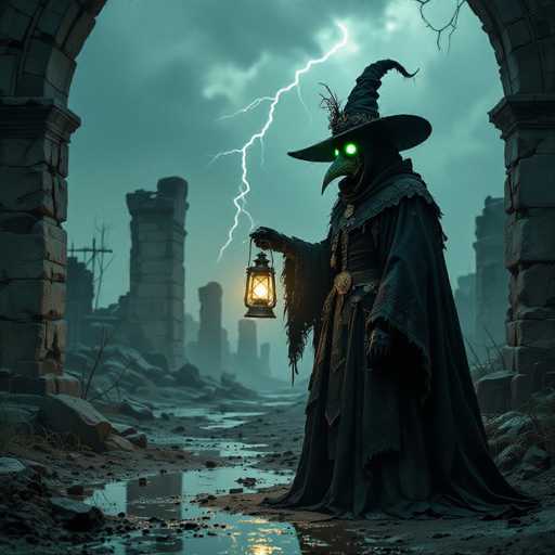 The image depicts a dark, eerie scene set in a post-apocalyptic, gothic world. Dominating the foreground is a mysterious figure dressed in a long, black cloak and a witch's hat, with glowing green eyes and a beak-like nose. The figure is holding a lantern in its right hand, which casts a dim light on the surrounding area. The ground is littered with debris, including broken bricks and stones, and there are puddles of water reflecting the dim light. The sky is a foreboding mix of dark blue and gray, with a single lightning bolt striking down from the upper right corner. In the background, the ruins of a once grand building are visible, with only the stone pillars and walls remaining, some of which are crumbling. The overall atmosphere is one of desolation and decay, with the figure standing as a solitary sentinel amidst the ruins.
