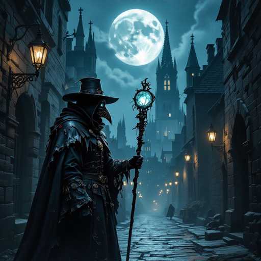 In this detailed digital artwork, a mysterious figure stands prominently in the foreground of a cobblestone street, flanked by tall, imposing buildings. The figure is adorned in a long, black cloak and a wide-brimmed hat, reminiscent of a witch's hat. His face is obscured by a mask that intriguingly resembles a bird's beak, adding to his enigmatic presence. In his hand, he holds a staff topped with a glowing orb, casting an eerie light around him.

The cobblestone street stretches into the distance, where another figure can be seen walking away, adding depth to the scene. The buildings lining the street are tall and constructed from stone, their windows emitting a warm, yellow glow that contrasts with the dark, brooding atmosphere. The sky above is a deep blue, dotted with clouds, and a full moon hangs prominently, casting its silvery light over the entire scene. The overall ambiance is dark and foreboding, with a slight fog enveloping the street, enhancing the sense of mystery and intrigue.
