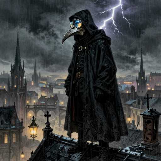 In this detailed and atmospheric illustration, a mysterious figure stands prominently on a rooftop, overlooking a cityscape that evokes the medieval or Victorian era. The figure, resembling a blend of a human and a bird, is adorned in a long black cloak with a hood, and a belt cinches the garment at the waist. His face is obscured by a metallic mask, reminiscent of a plague doctor's, featuring a long, curved beak and large, round blue goggles that give him an otherworldly appearance. His hands are clad in black gloves, adding to his enigmatic presence.

The city below is a tapestry of old-world architecture, with numerous buildings and spires illuminated by the warm glow of yellow lights. A bridge spans the scene, adding depth to the urban landscape. The sky above is dark and stormy, filled with ominous clouds from which a dramatic lightning bolt descends, striking near the figure's head. Rain falls heavily, creating a misty veil over the city, enhancing the eerie and mysterious ambiance of the illustration.