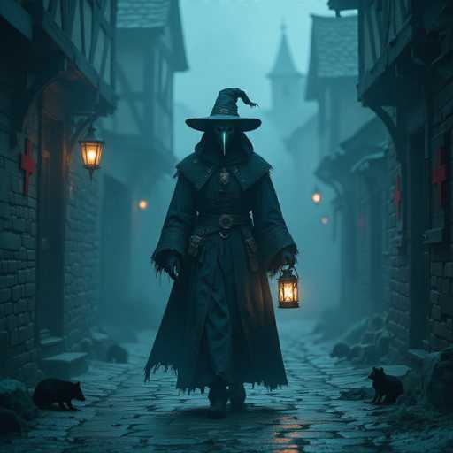 In this eerie, computer-generated image, a mysterious figure stands at the center of a cobblestone alleyway, shrouded in a dark, tattered cloak and a pointed witch's hat. The figure's face is obscured by a long, beak-like mask reminiscent of plague doctor masks, adding to the unsettling atmosphere. The character's hands are clad in black gloves, and a lantern hangs from their left hip, casting a dim glow on the scene. The cobblestone street beneath them is flanked by buildings on either side, their doors adorned with red crosses. In the background, a church steeple rises into the foggy, gray sky, enhancing the image's haunting and medieval ambiance. Two black cats, one on each side of the figure, observe the scene intently, completing this chilling tableau.