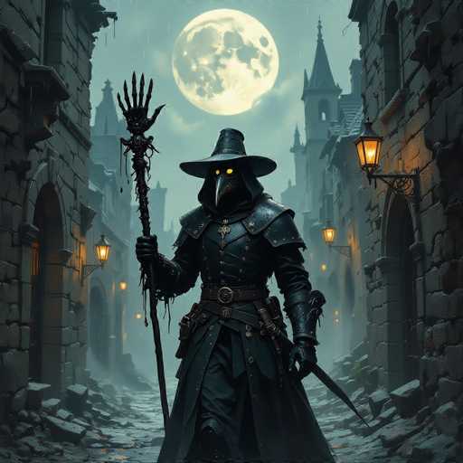 The image depicts a dark, eerie scene set in a medieval alleyway flanked by tall, gray stone buildings. The cobblestone path is littered with debris, adding to the sense of decay. In the center of the image stands a mysterious figure dressed in a long, black leather outfit adorned with numerous straps and buckles. The figure wears a distinctive black witch's hat and a beak-like mask with glowing yellow eyes, reminiscent of a plague doctor. In their right hand, they hold a staff topped with a hand-shaped ornament, while their left hand grips a long dagger. The background features a full moon casting a dim light over the scene, and several lit lanterns are attached to the buildings, enhancing the spooky atmosphere. The overall color palette is dominated by shades of black, gray, and blue, with the yellow eyes and lanterns providing stark contrasts. The image appears to be computer-generated, contributing to its surreal and unsettling quality.