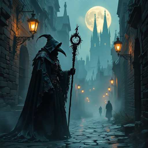 This image depicts a dark, eerie scene reminiscent of a medieval or fantasy setting. In the foreground, a mysterious figure dressed in a tattered black cloak and hood stands with their back to the viewer. The hood features a pointed, crescent moon shape at the top, and the figure's face is obscured by a mask with a long, curved beak, evoking the appearance of a plague doctor. The figure's right hand grasps a staff adorned with a circular emblem at the top, possibly a wreath or crown.

The scene is set in a cobblestone alleyway, flanked by tall, imposing buildings with arched doorways and windows. Old-fashioned lanterns mounted on the walls cast a dim, flickering light, contributing to the overall gloomy atmosphere. In the background, a towering castle with numerous spires and crosses atop its turrets looms under a full moon, adding to the sense of foreboding. The entire image is rendered in shades of black, white, and gray, with the only splash of color coming from the lanterns, which emit a faint orange glow. The combination of these elements creates a haunting, almost supernatural ambiance.