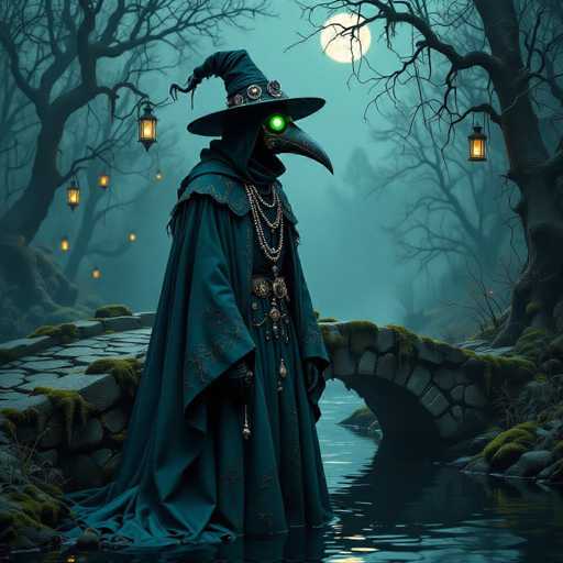 The image depicts a hauntingly atmospheric scene reminiscent of a Halloween night. At the center stands a mysterious figure dressed in a long, dark green robe adorned with intricate gold embroidery. The figure's head is obscured by a pointed witch's hat, and where a face should be, there is instead a large, glowing green eye. The figure's hands are covered in black gloves, adding to the eerie ambiance.

The setting is a dark, misty forest with bare trees, their branches reaching out like skeletal fingers. A stone bridge, covered in moss, spans a narrow river that flows through the middle of the scene. Hanging from the trees are several lanterns, casting a faint, flickering light that barely pierces the thick fog. The full moon, positioned in the upper right corner, casts a silvery glow over the entire landscape, enhancing the spooky and mysterious mood of the image.