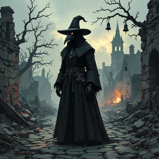 The image depicts a dark, eerie scene reminiscent of a Halloween night. At the center stands a mysterious figure dressed in a long black cloak and a pointed witch's hat, with glowing yellow eyes that pierce through the gloom. The figure's face is obscured by a mask resembling a bird's beak, adding to the unsettling atmosphere. The character's hands are clad in black gloves, and a belt with multiple straps and buckles encircles their waist.

The setting is a desolate, cobblestone street flanked by crumbling stone buildings on both sides. The ground is littered with rubble, and the air is thick with a sense of decay. In the background, a tall, pointed steeple rises from one of the buildings, its silhouette stark against the night sky. To the right, a fire burns fierce, casting an ominous glow over the scene. The sky above is a deep, foreboding gray, enhancing the overall mood of desolation and dread.