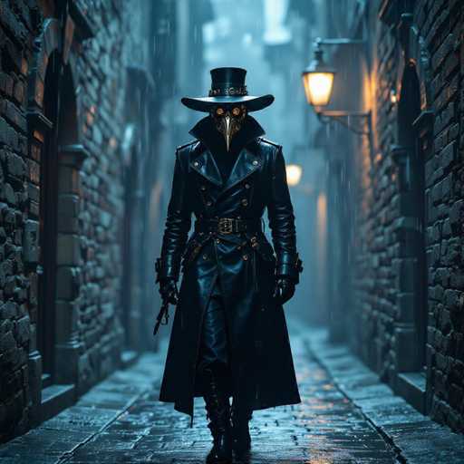 In this detailed and atmospheric image, a mysterious figure stands prominently in the foreground of a cobblestone street, flanked by brick buildings. The scene is shrouded in darkness, with a light rain falling, adding to the moody ambiance. The man is dressed entirely in black, wearing a long leather trench coat adorned with brass buttons and a belt with a gold buckle. His attire includes black leather gloves, black pants, and knee-high black boots. 

On his head, he sports a black top hat with intricate gold designs, and his face is obscured by a striking bird-like mask, reminiscent of the plague doctor masks from the 1700s. The mask features a long, pointed beak and large, glowing orange eyes that pierce through the gloom. The man's hands are clenched into fists, and a gun is visibly holstered on his right side, suggesting a readiness for action. 

The cobblestone street beneath him is wet from the rain, and the brick buildings on either side are dimly lit by lanterns mounted on the walls, casting a warm glow that contrasts with the overall darkness. The background is blurred, drawing focus to the enigmatic figure while hinting at a larger, possibly urban setting. The entire scene evokes a sense of suspense and foreboding, as if pulled from a dark, historical narrative or a modern thriller.