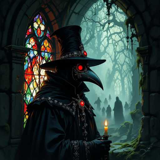 The image depicts a striking scene set in a gothic, medieval-style church. Dominating the foreground is a mysterious figure dressed entirely in black, including a long cloak, a tall top hat adorned with a red jewel, and a beak-shaped mask with glowing red eyes. This enigmatic character, reminiscent of a plague doctor, holds a lit candle in their left hand. The church's interior features a large, colorful stained glass window to the left, casting vibrant hues into the space. Through an arched doorway on the right, the viewer's gaze extends into a foggy, eerie forest filled with gnarled, leafless trees. In the distance, shadowy figures, possibly zombies or people in dark robes, add to the haunting atmosphere. The overall scene is shrouded in a dark, grayish-blue haze, enhancing the sense of mystery and foreboding.