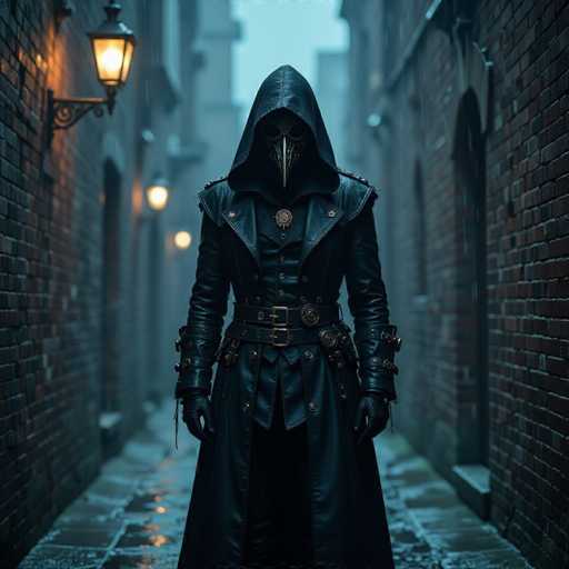 In this atmospheric image, a mysterious figure stands in the middle of a narrow, cobblestone alleyway, flanked by brick buildings on either side. The ground is wet, suggesting recent rain, and the scene is illuminated by the soft glow of lanterns mounted on the walls. The figure is dressed in a long, black leather trench coat with a hood, which drapes down to their knees. Underneath, they wear a black vest adorned with buttons. Their face is obscured by a striking, bird-like mask with a long, pointed beak, reminiscent of the Plague Doctor mask. The figure's hands are clad in black leather gloves, and their waist is cinched by two black belts. The overall ambiance is dark and eerie, with the background buildings fading into a blur, enhancing the sense of isolation and mystery surrounding the character.