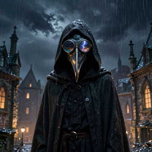In this detailed and atmospheric image, a mysterious figure stands prominently in the foreground, shrouded in a black hooded cloak. The individual's face is obscured by a striking mask resembling a bird's head, complete with a long, pointed beak. The mask features two large, round goggles that reflect the eerie surroundings, adding to the enigmatic aura. The person is dressed in a black shirt and black pants, cinched at the waist with a brown belt adorned with a large, round buckle.

The backdrop reveals a quaint, old-fashioned town, characterized by its stone buildings with pointed roofs and illuminated windows. The scene is set at night, under a dark, cloudy sky that casts a somber mood over the landscape. Rain falls gently, creating a serene yet melancholic atmosphere. The overall composition evokes a sense of intrigue and nostalgia, reminiscent of a bygone era.