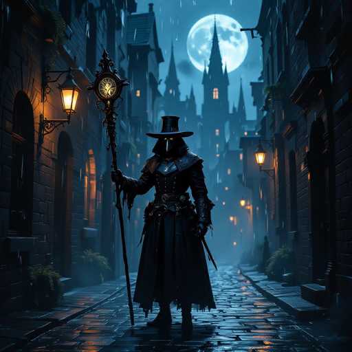 In this detailed digital artwork, a mysterious figure stands prominently in the center of a cobblestone street at night. The character, dressed entirely in black, wears a long coat, a top hat, and a mask reminiscent of the plague doctor style, complete with a beak. They hold a tall staff adorned with a clock at the top, which features a glowing yellow center. The scene is set under a full moon, casting a silvery glow over the surroundings. The street is flanked by buildings on both sides, some with lit windows and others shrouded in darkness. In the background, a castle-like structure with illuminated windows rises against the night sky, adding to the eerie atmosphere. The overall color palette includes shades of black, white, gray, blue, orange, and yellow, enhancing the dark and enigmatic mood of the scene.