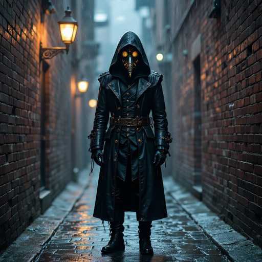 In this captivating image, a mysterious figure stands in the middle of a narrow, rain-soaked alleyway. The scene is set at night, with the ground glistening from the recent downpour. The alley is flanked by tall, red brick buildings on either side, their facades illuminated by the soft glow of streetlights. The central character is dressed entirely in black, exuding an aura of enigma and danger. He wears a long, flowing black trench coat adorned with brass buttons and a wide belt, complemented by black leather gloves, pants, and boots. His face is obscured by a striking mask that resembles a bird's beak, with glowing yellow eyes that pierce through the darkness. The character's hood is pulled up, adding to his shadowy presence. The overall atmosphere is one of suspense and foreboding, as the solitary figure stands motionless, his intentions hidden in the shadows.