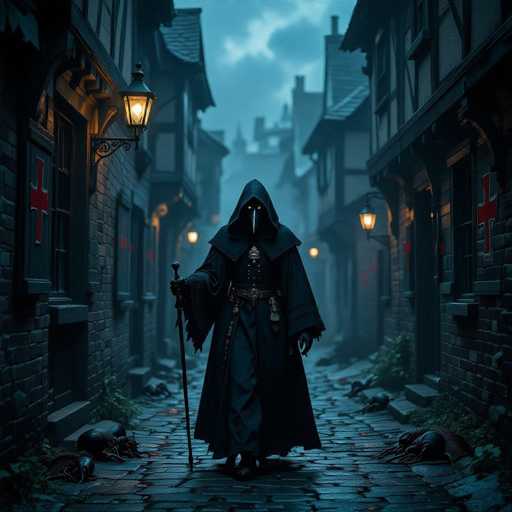 The image depicts a dark, eerie scene set in a medieval European city, reminiscent of the 1400s. The cobblestone street is flanked by tall, old buildings, some of which feature red crosses on their doors, suggesting a religious or medical setting. The sky is overcast with gray clouds, adding to the gloomy atmosphere. 

In the center of the image stands a mysterious figure dressed in a long, black cloak with a hood. The figure's face is obscured by a mask resembling a bird's beak, with glowing yellow eyes that pierce through the darkness. The person is holding a cane in their right hand and appears to be wearing a belt adorned with various items. Their left hand is positioned behind their back, adding to the enigmatic aura.

The street is littered with what appear to be dead bodies or possibly large insects, contributing to the unsettling nature of the scene. The overall color palette is dominated by dark blues, blacks, and grays, enhancing the ominous and foreboding mood of the image.