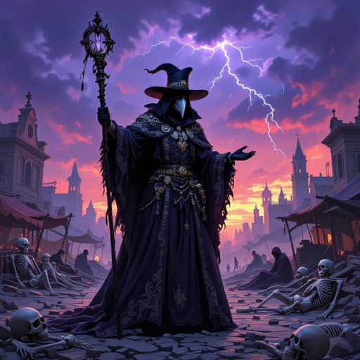 The image depicts a striking scene of a witch-like figure standing in the middle of a street. The witch is adorned in a long, dark purple robe with intricate gold designs along the bottom and around the neck. She wears a pointed hat, reminiscent of a witch's hat, and a mask that covers her face, giving her an eerie appearance. Around her neck, she has a large, ornate necklace with a prominent pendant. 

In her right hand, she holds a staff with a circular top, from which lightning emanates, adding a dramatic effect to the scene. Her left hand is extended outward, palm up, as if casting a spell or commanding attention. The ground beneath her is cracked and broken, adding to the chaotic atmosphere.

Surrounding the witch are numerous skeletons, some sitting and some lying on the ground, creating a macabre environment. The background features buildings with crosses on top, suggesting a medieval or fantasy setting. The sky is filled with dark, ominous clouds, with a streak of lightning cutting through them, enhancing the overall sense of foreboding and magic.