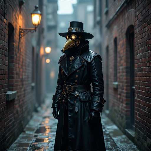 The image depicts a character from the video game "The Last of Us," specifically the iconic figure known as the "Rat." The Rat is dressed in a distinctive black leather trench coat adorned with gold buttons and a matching black top hat. His face is obscured by a striking gold beak mask, which features glowing yellow eyes, giving him a menacing appearance. The character stands in a narrow, dimly lit alleyway flanked by red brick buildings. The ground is wet, suggesting recent rain, and the scene is illuminated by a few glowing lanterns attached to the walls. The Rat's hands are covered in black leather gloves, and his trench coat is cinched at the waist with a black belt. The overall atmosphere is dark and foreboding, perfectly capturing the eerie and post-apocalyptic essence of the game's setting.