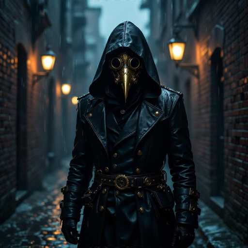 In this image, a mysterious figure stands in the middle of a cobblestone street, flanked by brick buildings on either side. The scene is illuminated by old-fashioned lanterns mounted on the walls, casting a warm glow over the wet ground, suggesting it has been raining. The figure is dressed entirely in black, wearing a long leather trench coat adorned with brass buttons and a matching black leather belt with a prominent brass buckle. Their face is obscured by a striking mask that resembles a bird's head, complete with a long beak and large, round eyes. The mask is also black, adding to the enigmatic and somewhat ominous atmosphere of the scene.